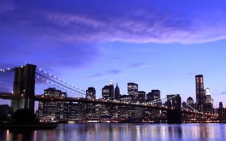 Картинка brooklyn bridge, бруклинский мост, city, небо, нью-йорк, new york, огни, вечер, город, облака