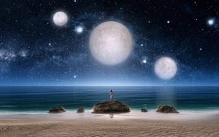 Картинка арт, звездное небо, ночь, девушка, камни, фантастика, море, три, звезды, планеты