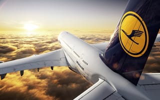 Картинка Lufthansa, Самолет, Пассажирский, Облака, Закат, Лайнер, Полет, Небо, Airbus, Высота, Горизонт, Солнце, A380