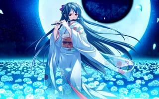 Картинка tsukumo no kanade, девушка, цветы, кимоно, луна, музыкальный инструмент, флейта, ночь