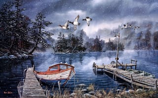 Обои Ken Zylla, лодка, утки, озеро, поздняя осень, Lake of the Woods, фонарь, причал, живопись, катер, первый снег
