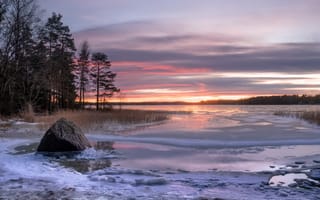 Картинка закат, лёд, озеро