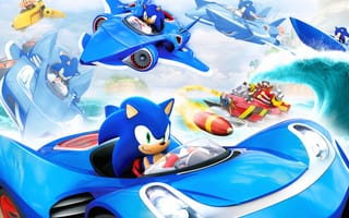 Картинка Sonic & All-Stars Racing Transformed, Роботник, самолет, катер, Соник, машина, профессор, Sonic, Доктор Эггман, Doctor Eggman, волна, Ёж