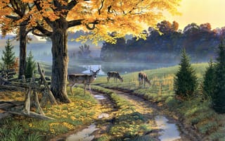 Картинка Al Agnew, грунтовая дорога, олени, лужи, осенние листья, озеро, осень, живопись, A Bend in the Road