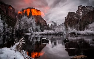 Картинка Woods, California, Travel, Winter, Monument, Water, National, Ice, Light, Yosemite, Sunset, Sky, Fire, Forest, Mountains, River, Landscape, Smoke, Clouds, Park