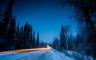 Обои дорога, зима, ночь