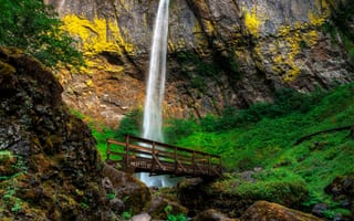 Картинка мост, скала, тропинка, водопад, США, Oregon, камни, Elowah Falls