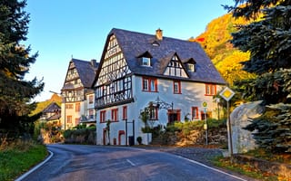 Картинка дорога, деревья, осень, холм, Германия, Traben-Trarbac, дома, солнце, улица