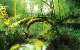 Картинка зелень, Antonio Rodríguez Pacheco, лес, мост, природа, арт