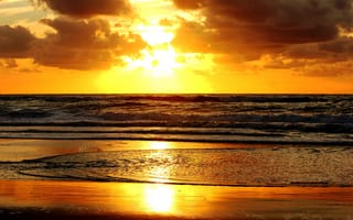 Картинка закат, облака, море, вода, песок, волны, солнце, берег