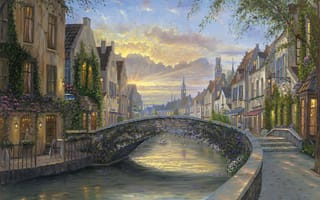 Картинка Robert Finale, Reflection Of Belgium, река, водный канал, Бельгия, мост, вечер, живопись, цветы, дома, закат