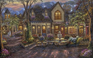 Картинка Robert Finale, скамья, живопись, вечер, дома, лавка, кафе, фонтан, The Village, цветы