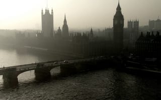 Картинка London, черное, Темза, белое, мост, Palace of Westminster, лондон, Биг-Бен, река, Вестминстерский дворец, панорама, башня, город, Big Ben