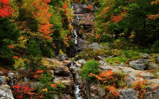 Картинка осень, лес, fall, скалы, горы, waterfall, Nature, деревья, водопад, landscape, forest, colors, природа, mountain, autumn, trees