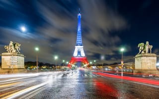 Картинка свет, Франция, Эйфелева башня, фонари, огни, Париж, ночь