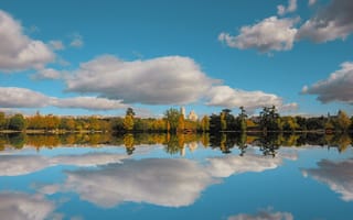 Картинка осень, небо, sky, природа, облака, озеро, деревья, отражения