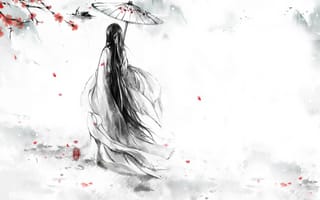 Картинка Monochrome, сакура, кимоно, красный, лепестки, монохромный, цветы, девушка, зонт, птицы