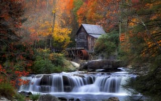 Картинка водопад, водяная мельница, листва, осень, камни, река, дом, лес