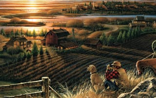 Картинка Terry Redlin, дома, река, мост, Best Friends, вечер, поле, бинокль, закат, живопись, собака, перелетные птицы, осень