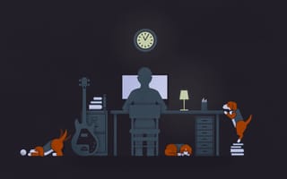 Картинка Guy, гитара, часы, собаки, computer, Lamp, Guitar, Dogs, иллюстрация, Desk, лампа, черный, Black, компьютер, парень, Solitude, письменный стол, одиночество, Illustration