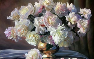 Картинка картина, пионы, белые, ткань, Zbigniew Kopania, натюрморт, букет, лепестки, цветы, ваза