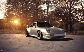 Картинка Porsche, 911, блик, 993, front, серебристый, деревья, порше, солнце, GT2, silvery