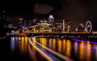 Картинка river, skyline, liquid, water, night, buildings, country, Singapore
