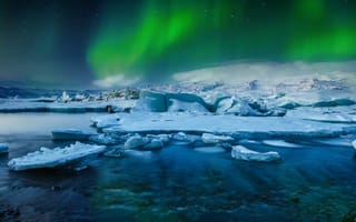 Картинка Northern, Lights, Lake, Snow, Borealis, Jökulsárlón, Aurora, Stars, Winter, Ice, Glacial, Frozen, Iceland