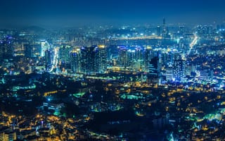 Картинка Южная Корея, ночь, город, небоскрёбы, панорама, дома, вид, Сеул, огни