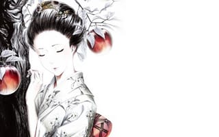 Картинка Гейша, кимоно, украшения, заколки, яблоки, дерево, девушка