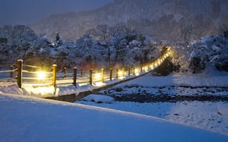 Обои река, мост, ночь, зима