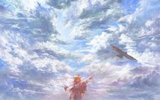 Обои Девушка, небо, ветер, птица, облака