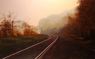 Картинка картина, пейзаж, столбы, рельсы, железная дорога, осень, арт, деревья, Brian Slawson, лес, туман