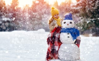 Обои девочка, шапка, girl, плед, снеговик, snowman, ребенок, шарф, Winter, зима
