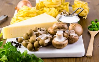 Картинка зелень, шампиньоны, макароны, сыр, специи, Cheese, Mushrooms, грибы