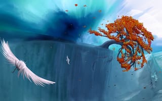 Картинка арт, осень, высота, вид, листья, корни, панорама, вода, птица, обрыв, полет, дерево