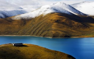 Картинка Тибет, горы, река, дом
