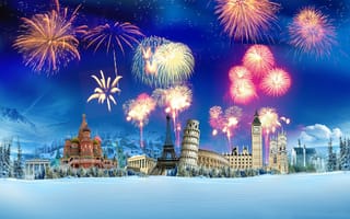 Картинка снег, эйфелева башня, пизанская башня, фейверк, ёлки, салют, колизей, букингемский дворец, зима, кремль
