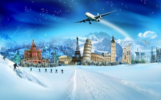 Картинка снег, колизей, букингемский дворец, птицы, зима, лыжники, эйфелева башня, кремль, ёлки, пизанская башня