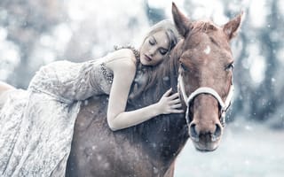 Обои девушка, Alessandro Di Cicco, снег, сон, лошадь, Queen Maud