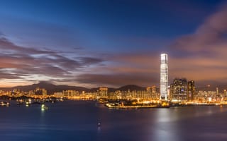 Обои Hong Kong, небо, Гонконг, огни, вечер, мегаполис, закат, облака, Китай, небоскребы, подсветка, Гавань Виктория, China, залив