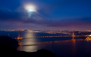 Картинка Golden Gate, облака, San Francisco, мост, Луна
