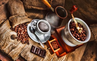 Картинка кофемолка, кружка, кофейные зёрна, блюдце, ложка, мешочек, турка, кофе, напиток, шоколад