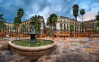 Картинка Barcelona, Catalonia, пальмы, Барселона, вечер, Испания, фонари, огни, площадь, дворец, фонтан