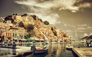 Картинка здания, дома, причал, набережная, Сими, лодки, Greece, Греция, Symi, катера, Эгейское море, обработка, Aegean Sea