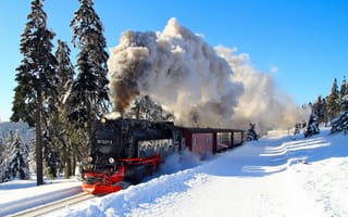 Картинка паровоз, зима, железная дорога