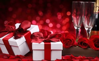 Картинка подарок, розы, бокалы, любовь, love, heart, Valentine's Day, вино, romantic