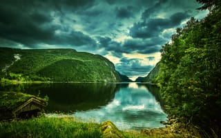 Картинка горы, Норвегия, река, облака, скалы, деревья, Rogaland, зелень