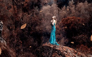 Картинка девушка, ветер, Alessandro Di Cicco, платье, Ray Of Light, листья