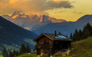 Картинка Швейцария, Альпы, склон, домик, деревья, горы, трава